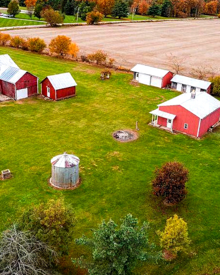homestead property with red barns